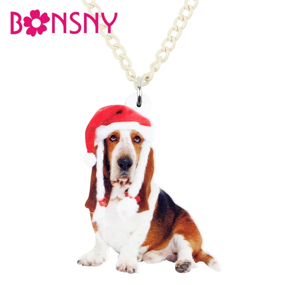Bonsny Акриловая Рождественская шляпа Basset Hound подвеска для ожерелья собак цепочка