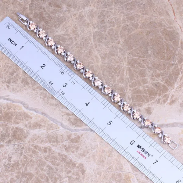 Браун Morganite Белый CZ стерлингового серебра 925 ссылка браслет цепочка 7 дюймов для