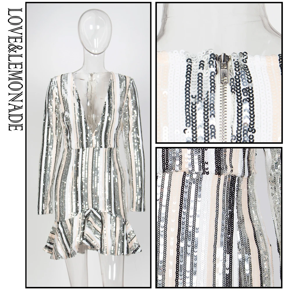 

LOVE&LEMONADE Sexy Deep V-Neck Ruffled Trim Striped Sequins Long-Sleeved Dress LM81553
