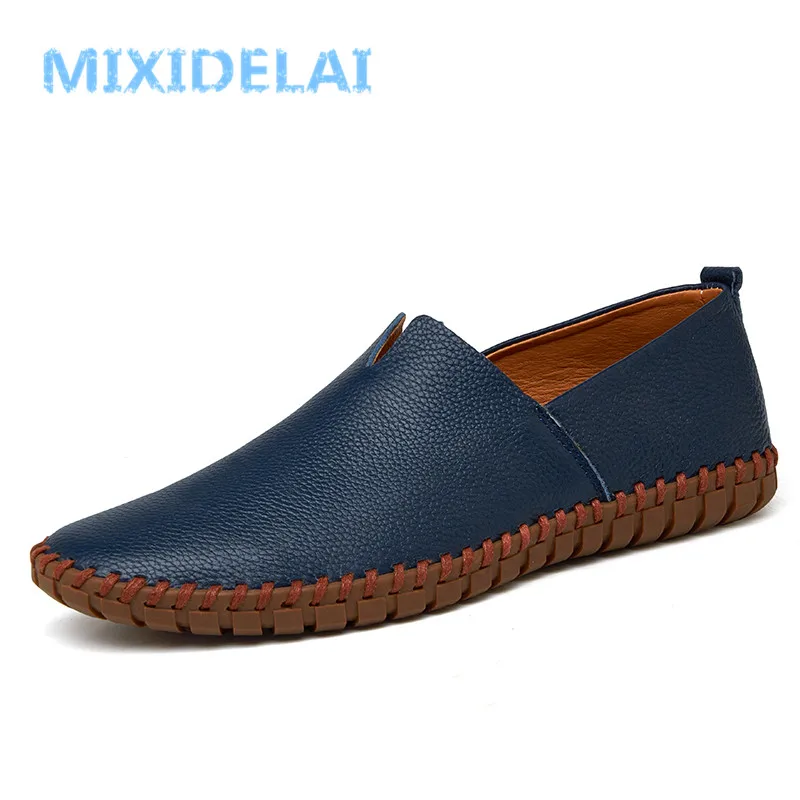 MIXIDELAI Genuine Cow Leather Mens Loafers Fashion Handmade Moccasins Soft Blue Slip On Men's Boat Shoe PLUS SIZE 38~48 | Обувь