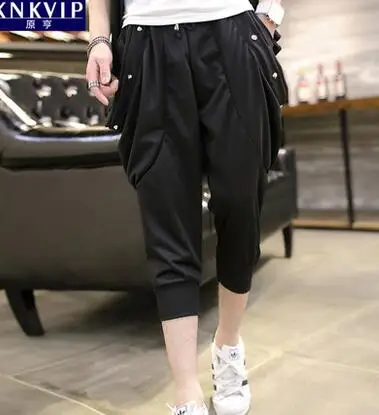 

Teenage mens capris pants summer casual male slim short male harem pants mens feet trousers rivets black elastic band M - 3XL