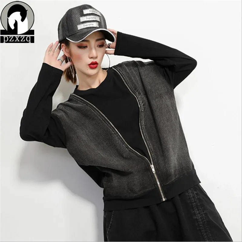 2020 Осень и весна новая строчка джинсовая тонкая футболка на молнии с длинными