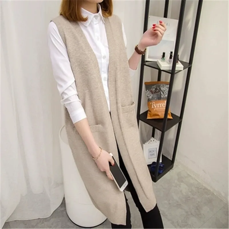 Autumn Sweater Female 2019 New Loose Long Section knitted Outer Vest Sleeveless Cardigan Jumper Outerwear Coats PZ1240 |