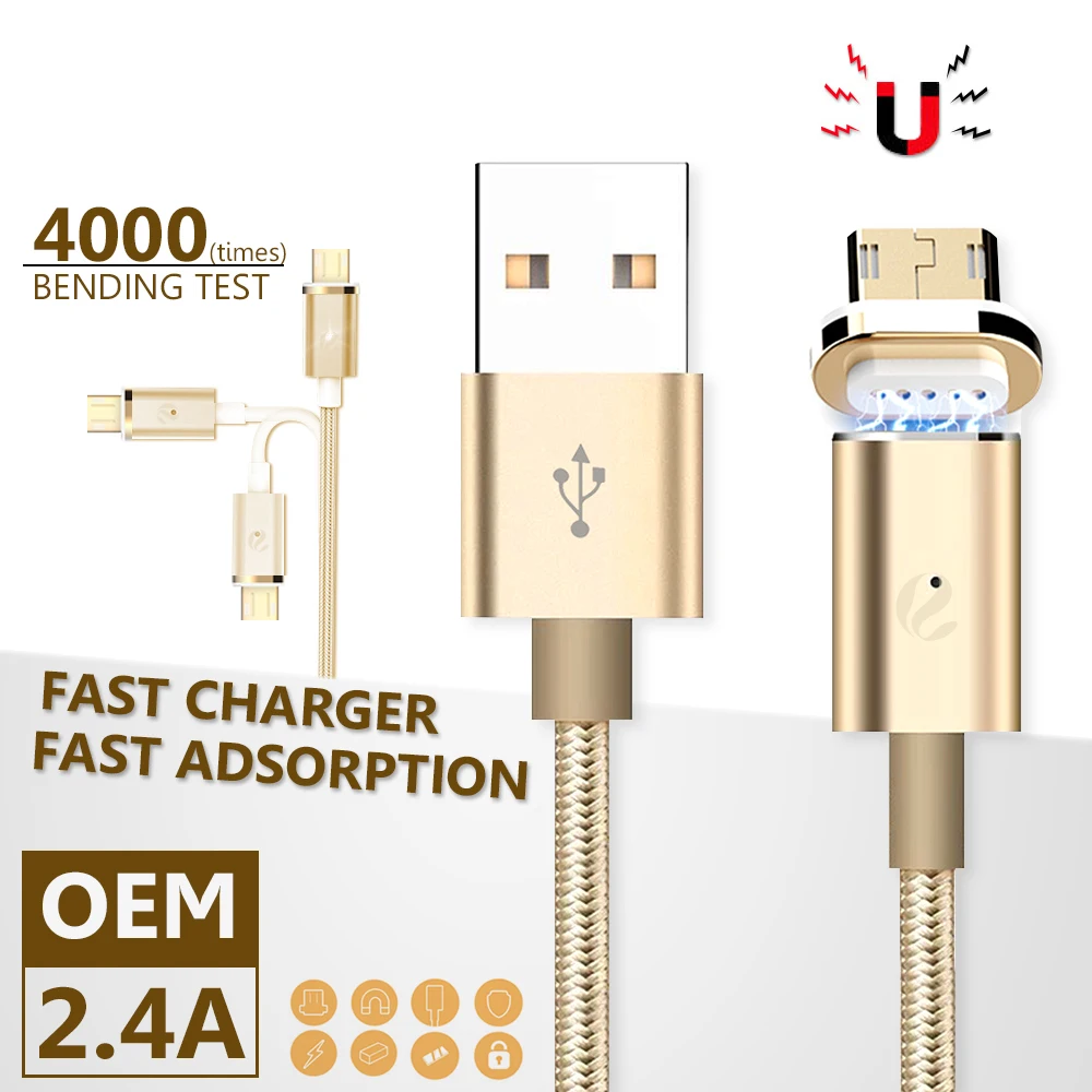 Android Золотой кабель для передачи данных мобильного телефона с магнитным микро USB