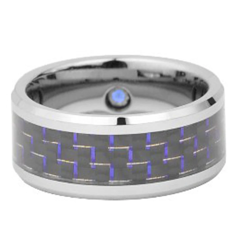 

10MM Tungsten Carbide Wedding Ring with blue&black carbon fiber set blue CZ stone wholesale dropship custom engraving available