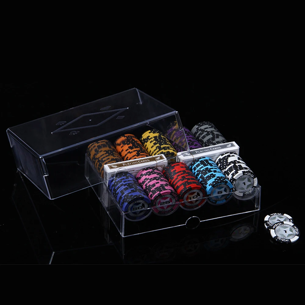 Набор фишек для покера в коробке на поддонах из акрила с прозрачными крышками, черным цветом и прозрачными, для игры в казино Техасский Холдем на 100/200 штук.