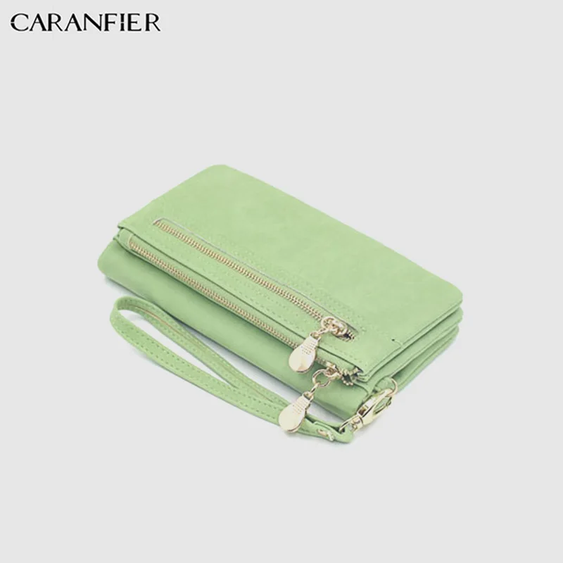 Green CARANFIER Женский кошелек из искусственной кожи, повседневный двойной клатч на молнии, Женский кошелек с ремешком, длинный, вместительный, модный кошелек для монет - Цвет: Green