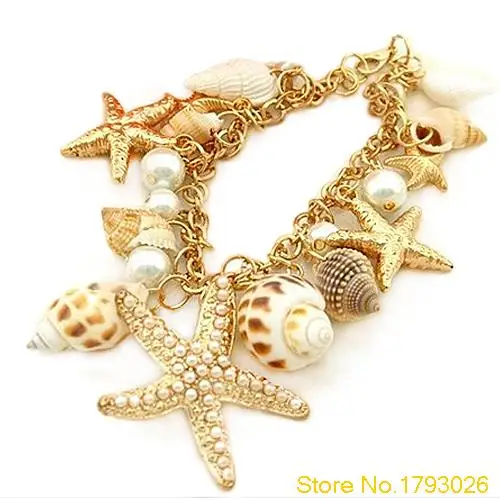 Ocean Style Multi Starfish Sea Star Conch Pearl Chain Beach Shell Bracelet Novelty Bangle 4TMR | Украшения и аксессуары
