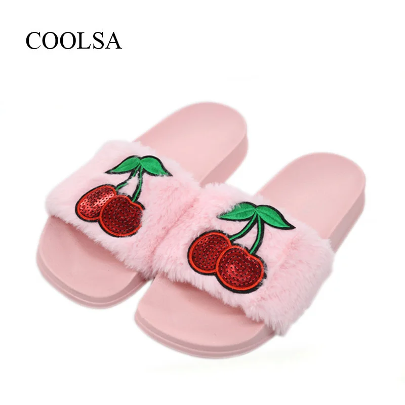 

COOLSA Women's Spring Furry Slippers Red Cherry Plush Indoor Flat Bling Slippers Women's Faux Fur Flat Designer Home Slippers