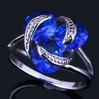 angelic round dark blue cubic zirconia silver plated ring v0402