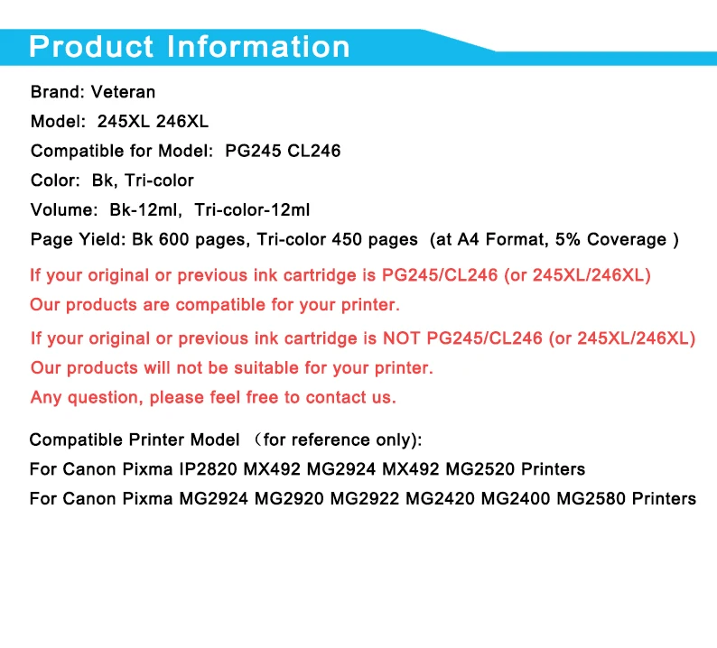 Veteran PG245 CL246 Замена для Canon PG 245 CL 246 PG-245 чернильный картридж Pixma IP2820 MX492 MG2924 MG2520 MG2920 |