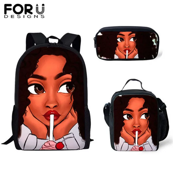 YQ3598CGK FORUDESIGNS 3 шт./компл. школьные сумки для девочек детский рюкзак с изображением мультипликационных персонажей для детей черного цвета в африканском стиле американская девушка с художественным принтом ранцы Mujer - Color: YQ3598CGK