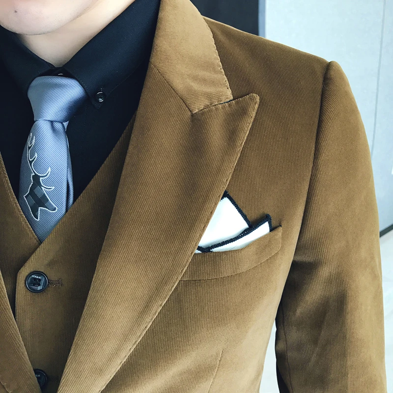 Коричневый зеленый вельвет костюм Slim Fit Vestito Uomo курение Британский TERNO masculino Trajes
