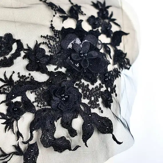 black 3D Beaded Flower Lace Applique 35cm x28cm Embroidered Bridal for Dance Costumes Gown Hem Accessories | Дом и сад