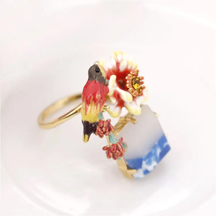 Bloom Peony Bird Gradient Colorful Stone Inlay Ring For Woman Adjustable Size Birthday Gift Jewellery anillos | Украшения и