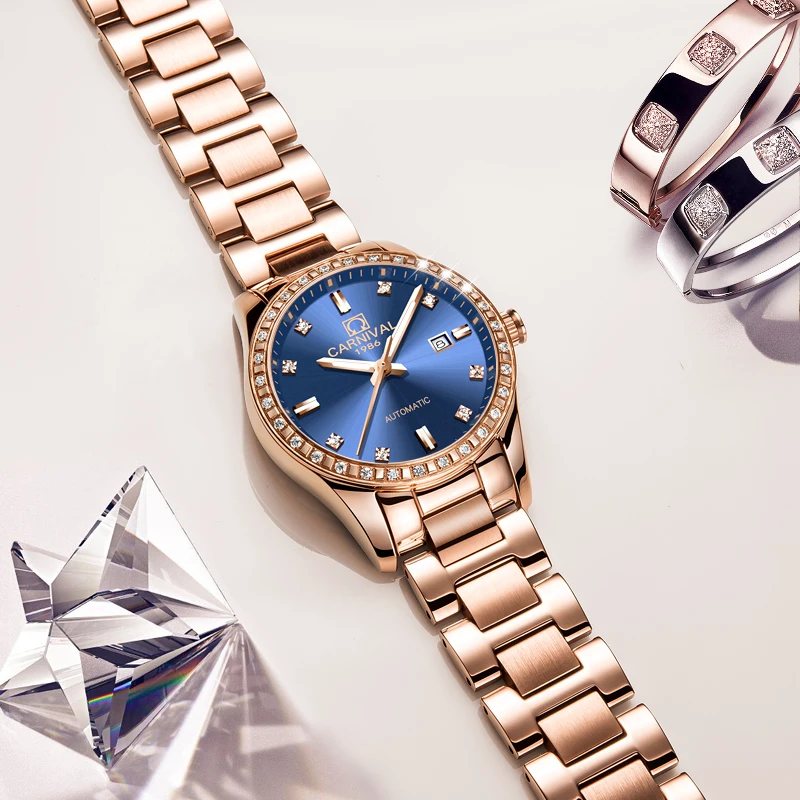 

Carnival Luxury Watch Women Rose Gold Stainless steel Fashion Brands Auto Date Mechanical Waterproof Wristwatch relogio feminine