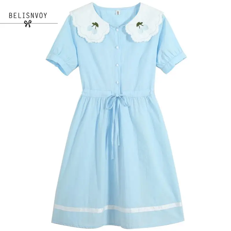 Платье женское короткое в японском стиле хлопково-льняной сарафан с цветочной