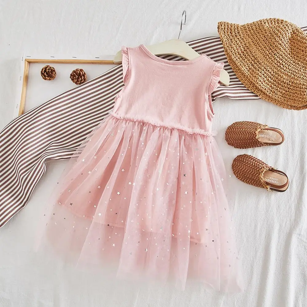 Summer Children's Short Sleeve Patchwork Star Mesh Ball Gown Dress Princess Party Tutu Girls Dresses Vestidos | Детская одежда и