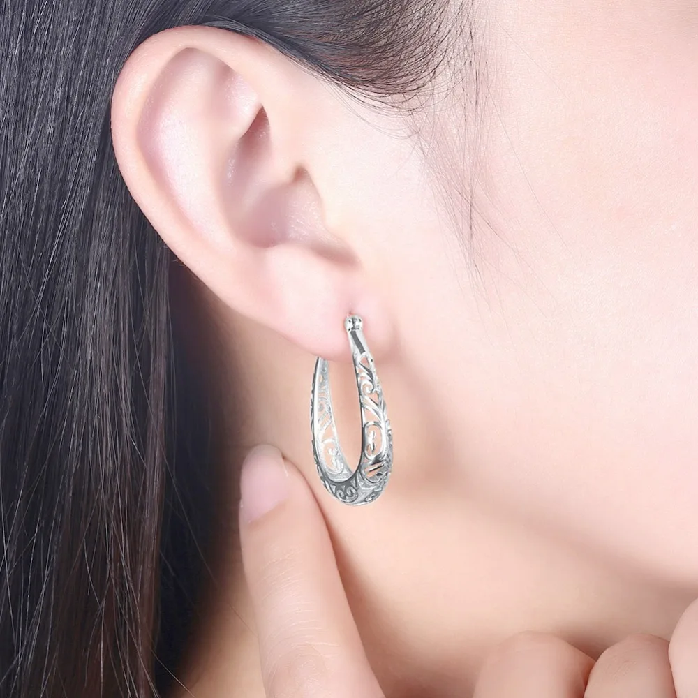 Retro 925 Sterling Silver Hoop Earrings Women Hollow Ancient Pattern Big S925 Lady Party Ears Ornament White Gold Color | Украшения и