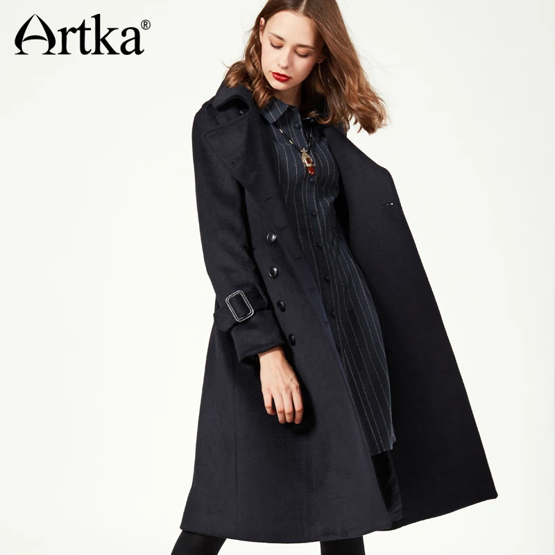 ARTKA 2018 осенне зимнее Элегантное длинное шерстяное пальто с регулируемым поясом