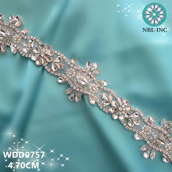 

(10 YARDS)Wholesale iron on silver bridal hand beaded crystal rhinestone applique trim for wedding dress sash belt WDD0757