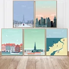 Скандинавские Мультяшные дорожные плакаты и принты, пейзаж Парижа, Нью-Йорка, холст, живопись, украшение для дома, спальни, настенные художественные картины