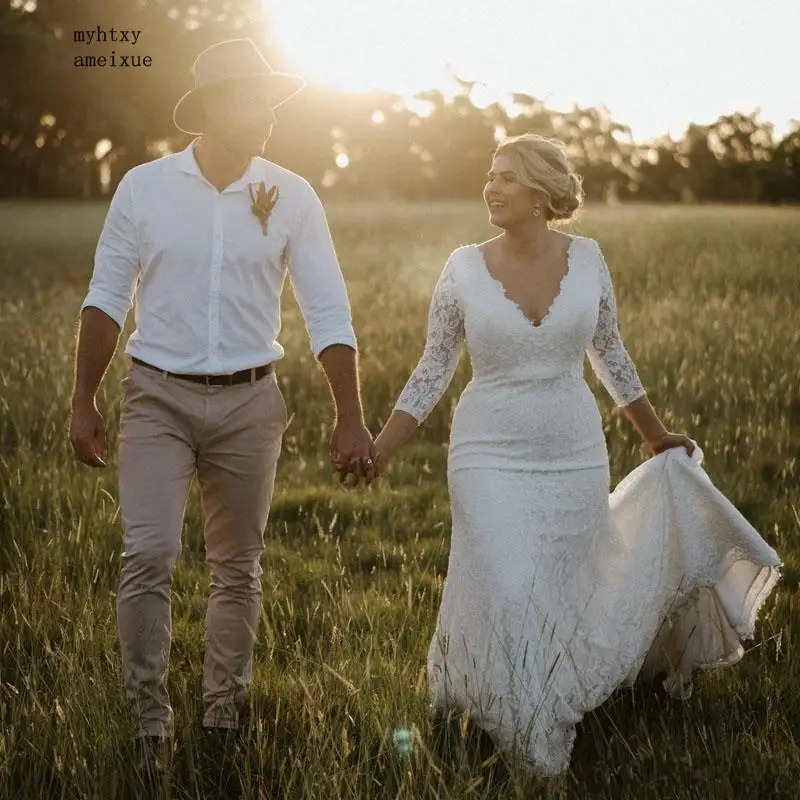 

Lace Sexy Mermaid Beach Cheap Wedding Dresses 3/4 Sleeve Romantic Vestido De Noiva 2020 Unique V Neck Bridal Gowns China Boho