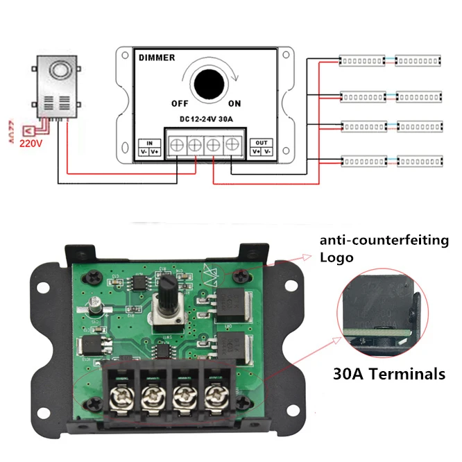 DC12V-24V светодиодный диммер 30A 360 Вт-720 Вт регулятор яркости лампы полосы света драйвер одного цвета светодиодный контроллер 5050 3528 лента
