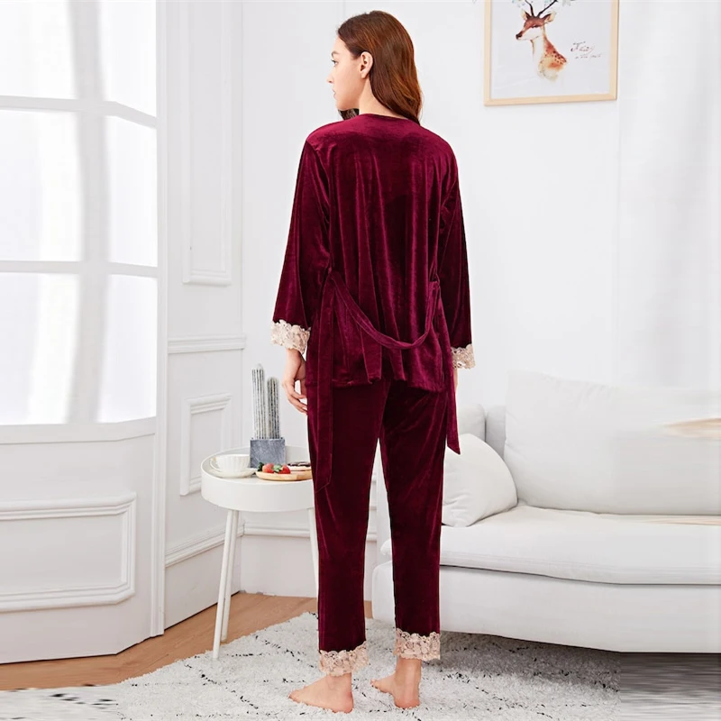 SHEIN Комплект Пижамы Из 3 Предметов, Пижама С Кружевной Контрастной Отделкой