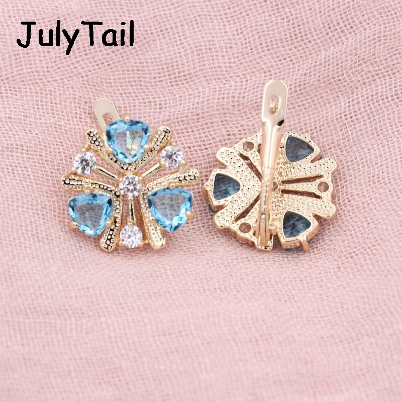 Exclusive RU Hot 585 Rose Gold Blue Triangle Cubic Zirconia Big Earrings For Women Jewelry Luxury Vintage Round Crystal | Украшения и