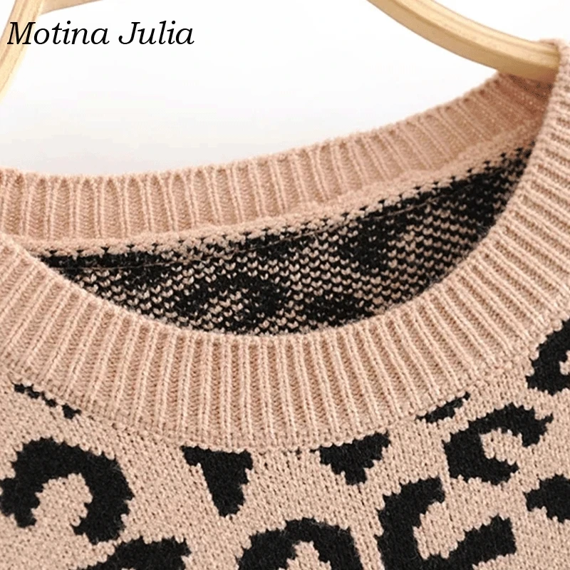 Motina Julia леопардовые вязаные свитера Топы женские 2018 осень зима круглый вырез