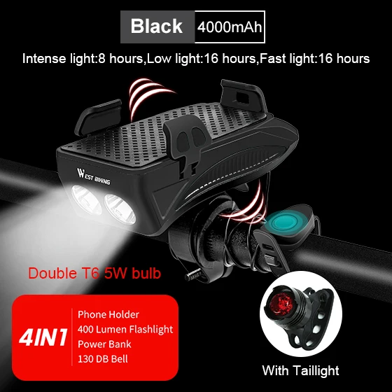 4000 mAh Black Set WEST BIKING держатель для телефона на велосипед, светильник-рожок, перезаряжаемый светильник-вспышка, внешний аккумулятор, держатель для телефона для iPhone, держатель для сотового телефона - Color: 4000 mAh Black Set