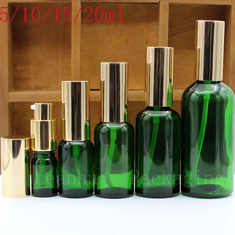 Green Glass Essential oil Bottle With Golden Lotion Cream Pump, DIY Easy To Carry Emulsion, Essence Cosmetics Packaging Container