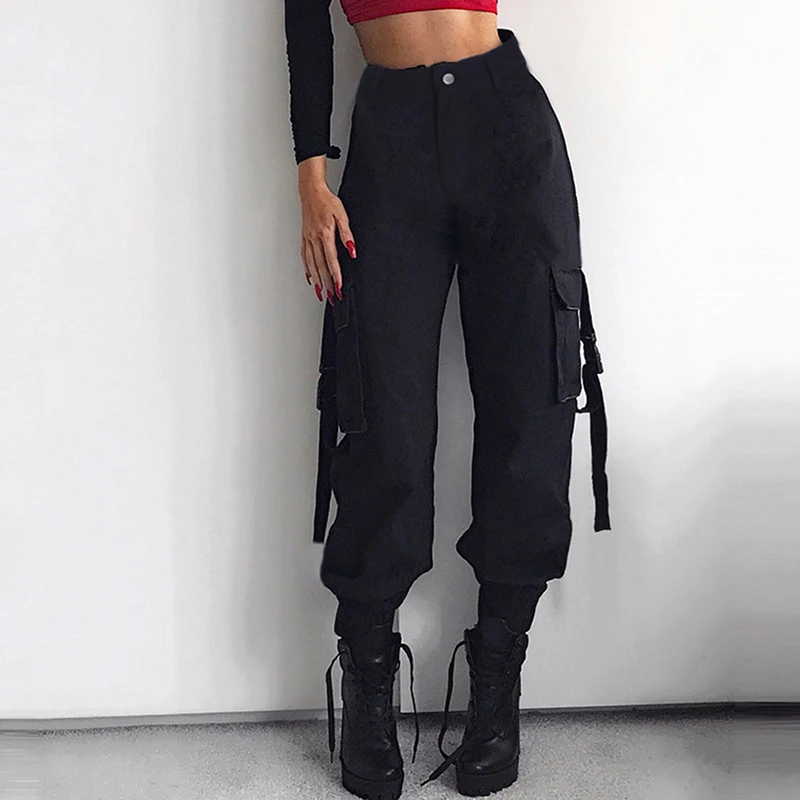 

Women Streetwear Cargo Pants Casual High Waist Side Pockets Female Trousers Ladies Casual Long Pants
