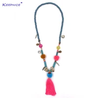 new pink tassel pompous pompoms pendents necklace boho bohemiam long fringe statement wooden beads chain maxi necklaces