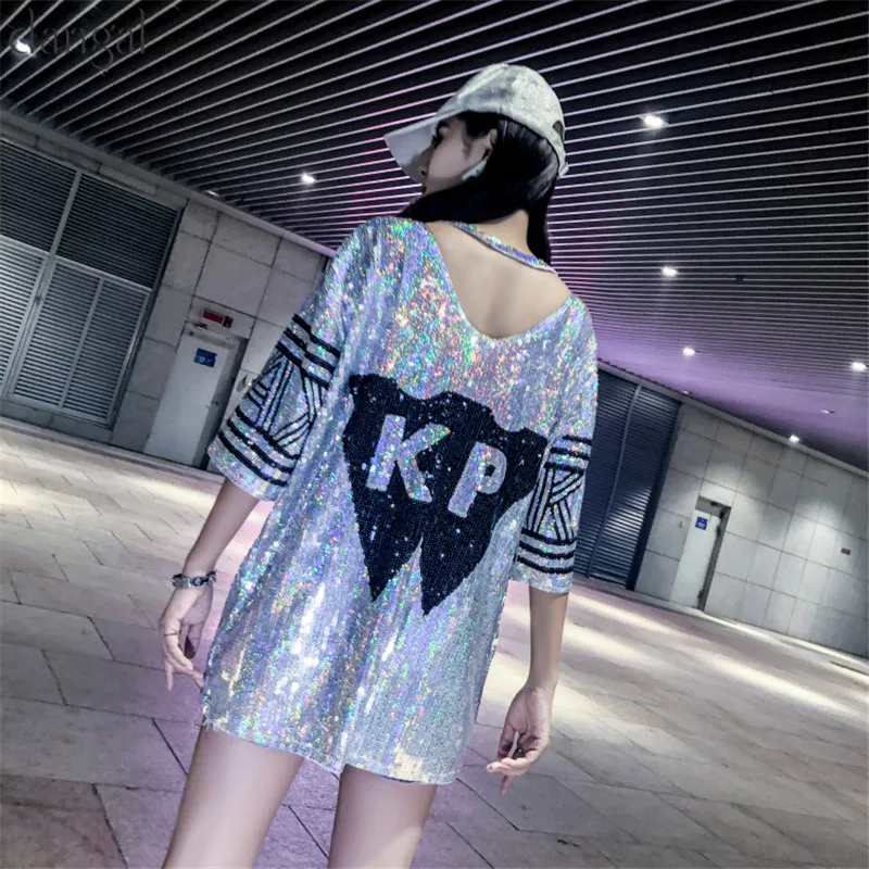 Футболка с блестками и ожерельем 2018 модная Блестящая футболка в стиле хип-хоп