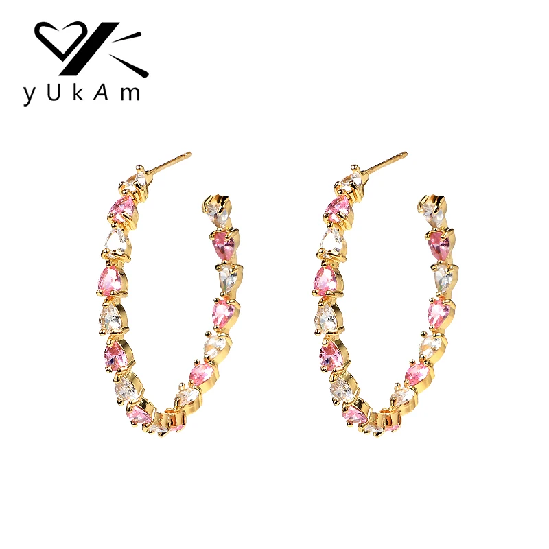 Серьги YUKAM в креольском стиле с белым и розовым кристаллом сережки форме груши