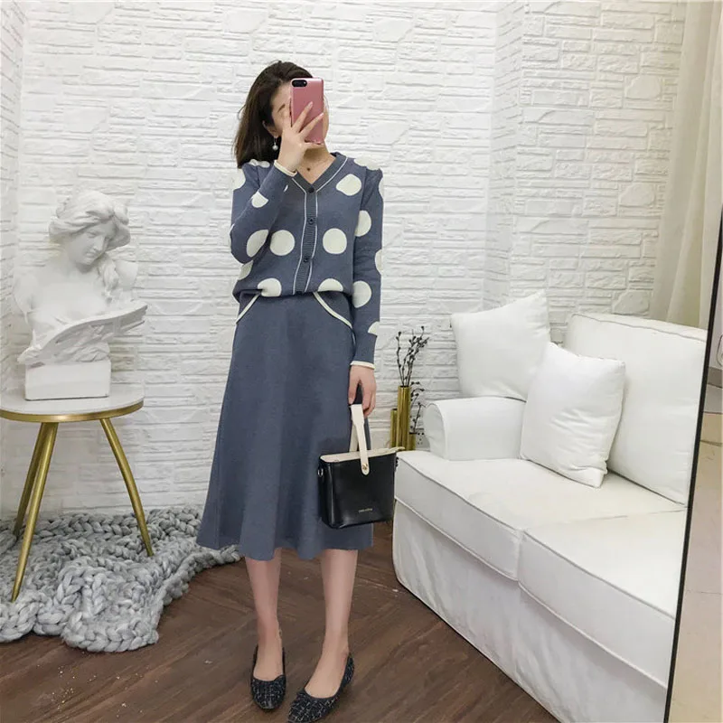 PERHAPS U women knit green gray long sleeve cardigan mid calf pencil midi skirt polka dot two pieces set elegant T0134 | Женская одежда