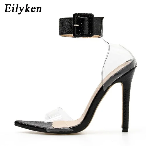 Black Eilyken/; прозрачные босоножки из ПВХ на ремешке с пряжкой; пикантные босоножки на высоком каблуке с острым носком; туфли-лодочки для вечеринок; распродажа 11 см - Цвет: Black