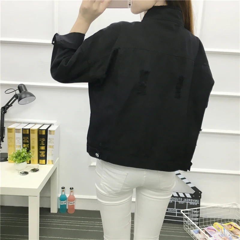 Весна-Осень 2020 джинсовая куртка повседневные однотонные топы с дырками