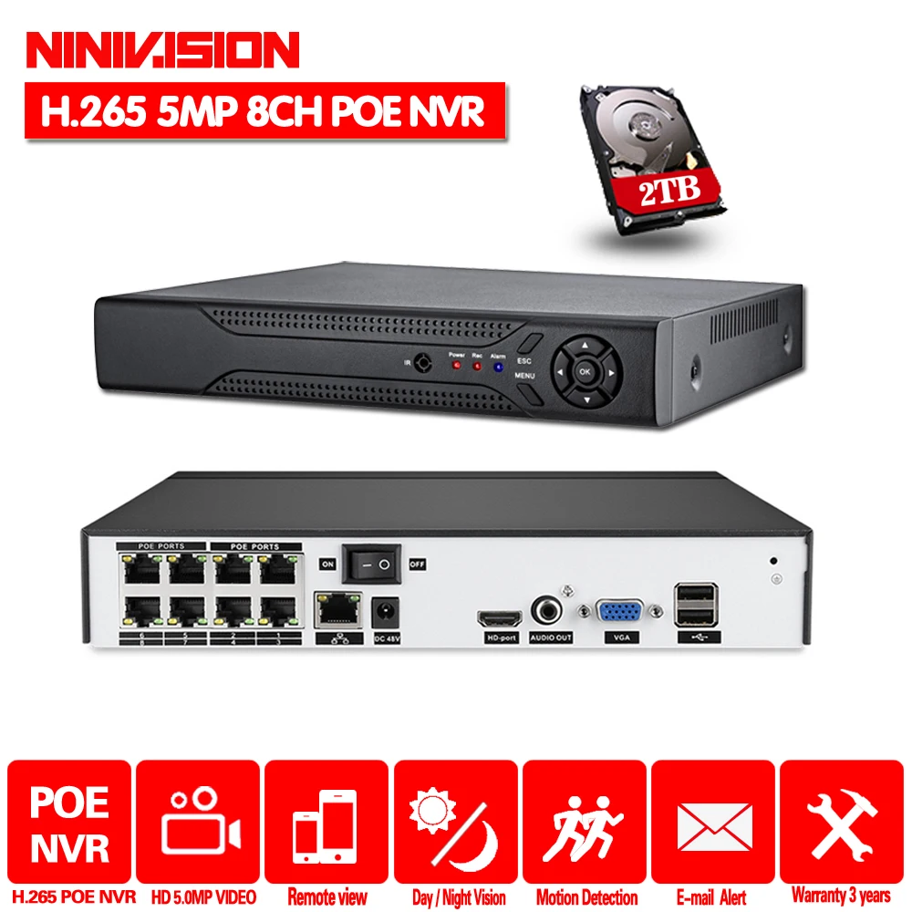 H.265 4CH 8CH 4MP 5MP 1080P POE NVR аудио выход безопасности видеонаблюдения сетевой