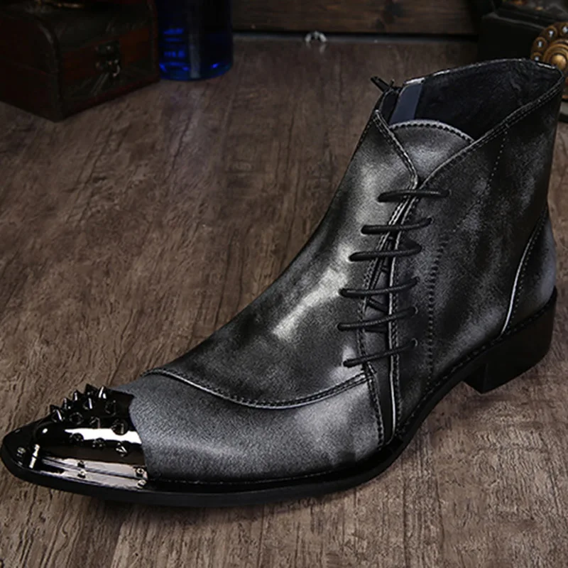 Batzuzhi Luxury Mens Leather Shoes Fashion Designer Metal Toe Lacing Up Grey Short Ankle Boots For Man Size 38-46 |