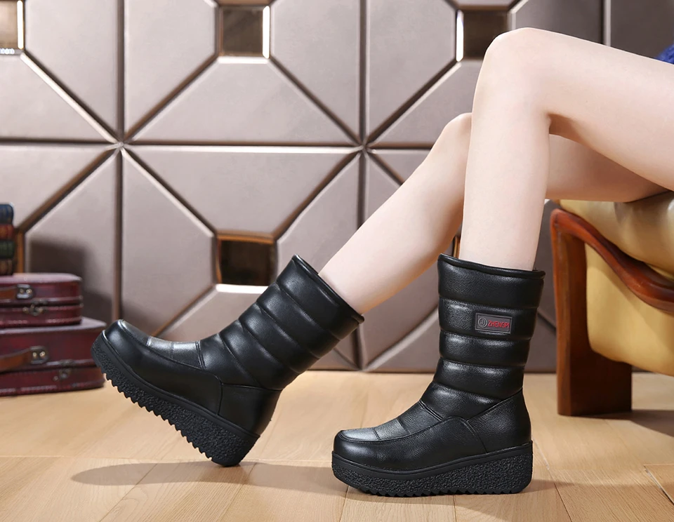 New Winter Mid Calf Boots Women Genuine Leather Boots Wedges Round Toe Mid Heels Boots High Quality Shoes Size 34-41 M4.0