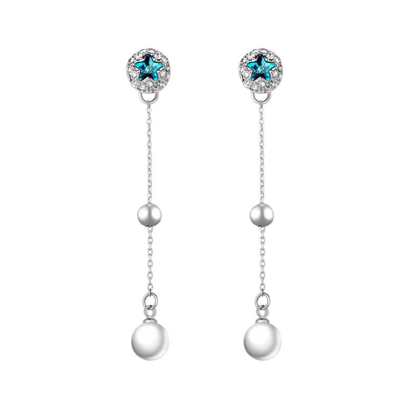 Blue Женские сережки с подвесками из кристаллов Swarovski Star 925 Стерлинговое серебро подвеска на длинной цепочке серьги жемчуг для свадьбы жемчужные серьги - Цвет камня: Blue