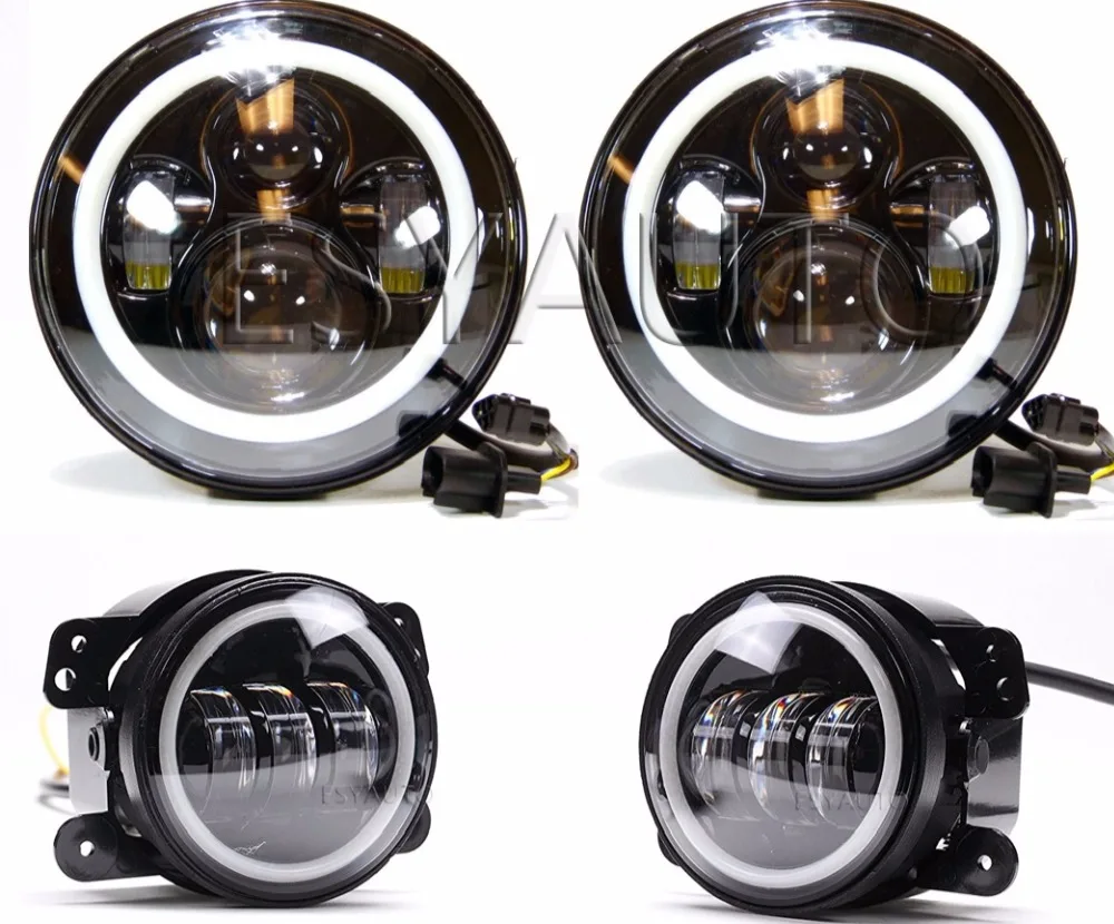 

Combo 7 Inch LED 40W Headlights White DRL Angel Eyes + 4" 30W Passing Fog Light Assembly for Jeep Wrangler JK LJ TJ
