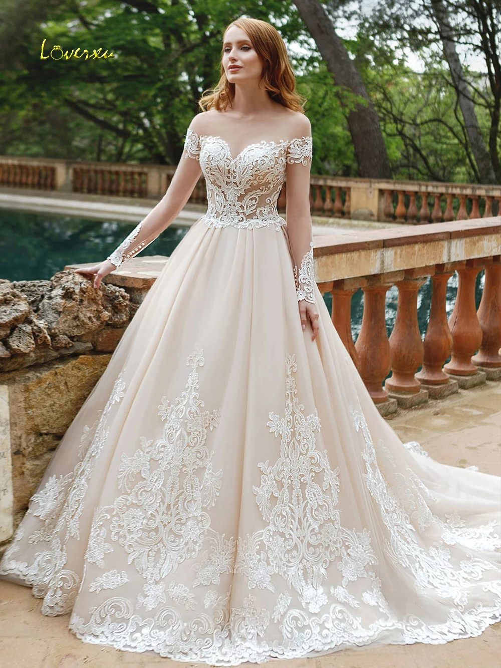 

Loverxu Sexy Illusion Long Sleeve A Line Wedding Dresses 2021 Luxury Appliques Beaded Court Train Button vintage Bridal Gowns