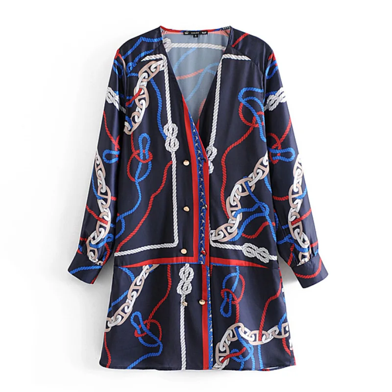 Женское прямое мини платье с длинным рукавом v образным вырезом и цепочкой летнее