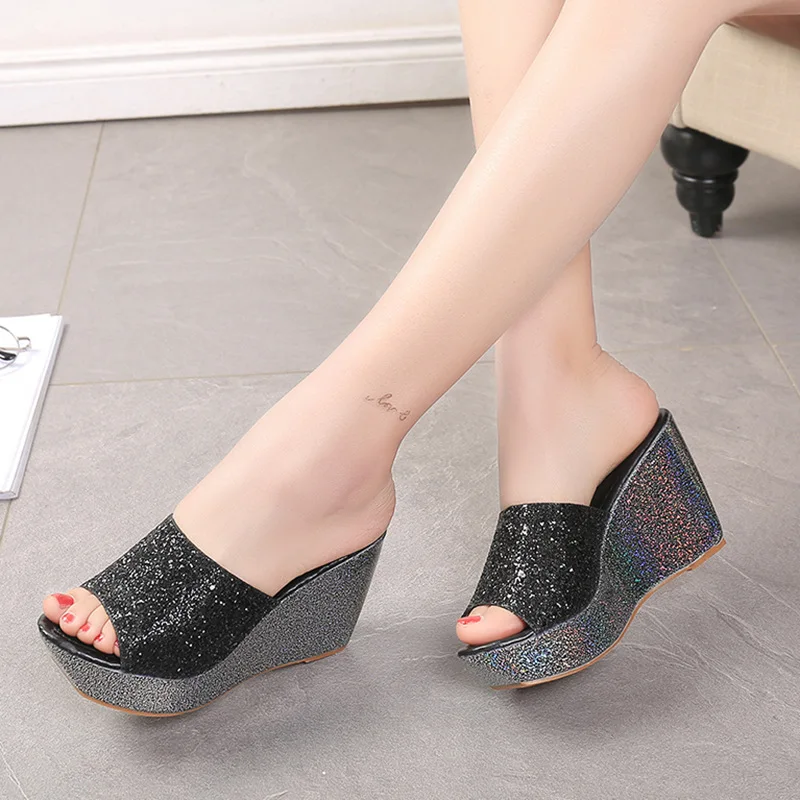 

FRALOSHA Women's Summer Simple Wedge With Slippers 2021 Summer New Women's Shoes Fashion High Heels Sequins Sweet Beach Slippers