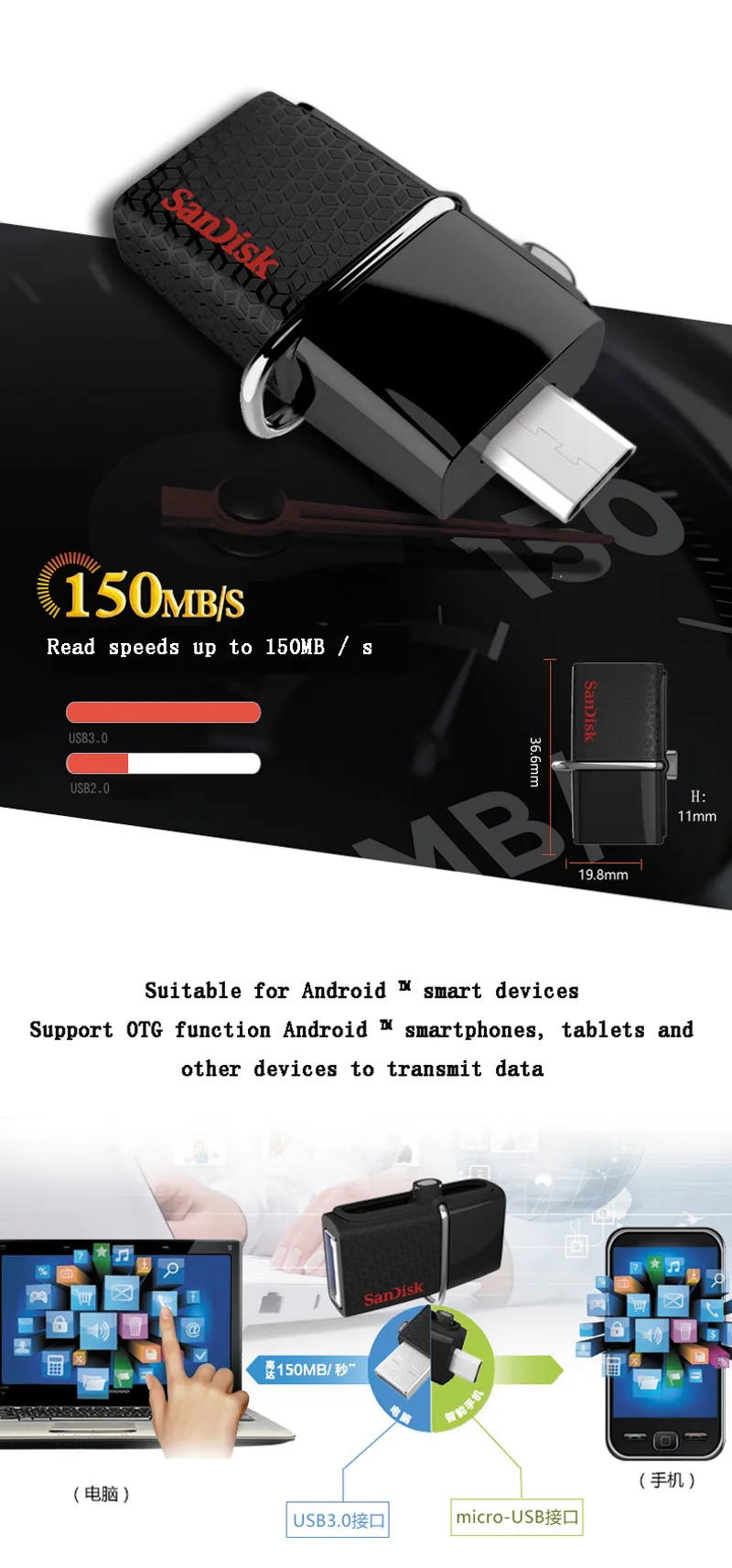 SanDisk USB флеш-накопитель 64 ГБ 32 ГБ 16 ГБ двойной OTG флеш-накопитель cle Usb 3,0 флеш-накопитель внешний накопитель Минимальный флеш-накопитель