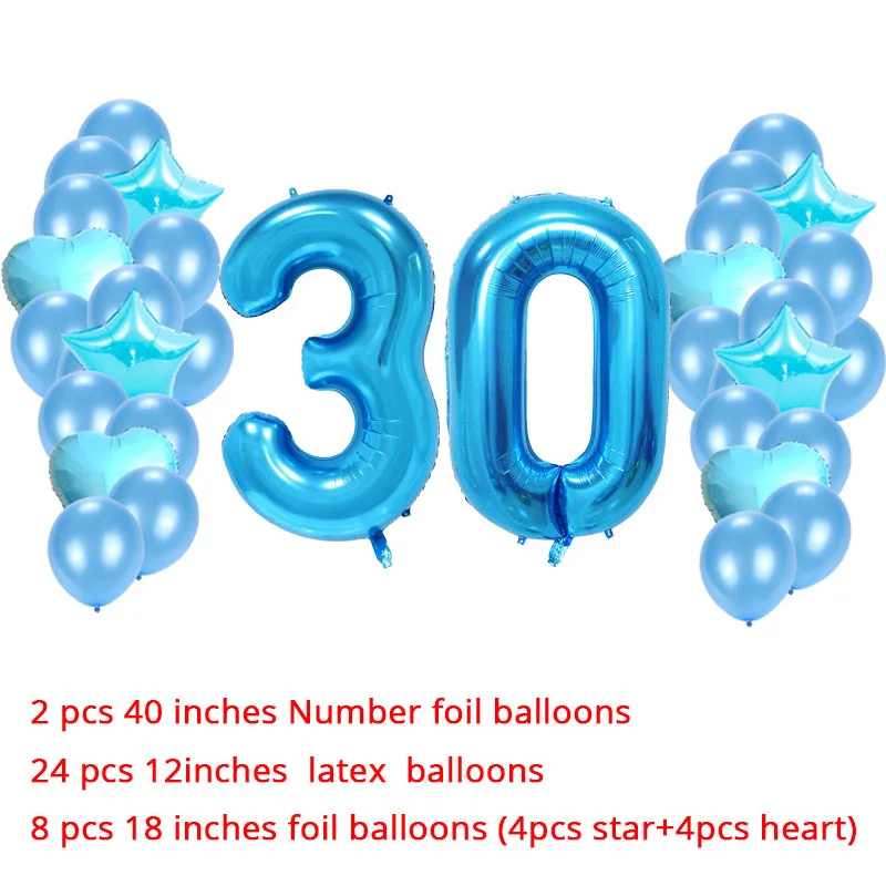 blue 30 40-дюймовый светодиод номер Фольга воздушные шары, украшенное мозаикой из драгоценных камней, 12 дюймов латексные шары и 18 дюймов вышивка «звёздочки» или «бриллианты» шарами 21 30 40 50 60 день рождения вечерние украшения - Цвет: blue 30